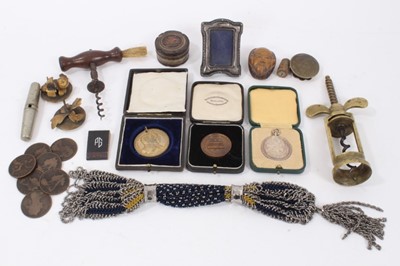 Lot 801 - Fine Georgian cut steel and silk misers purse with tasselled ends, Georgian tortoishell patch box corkscrews and sundries
