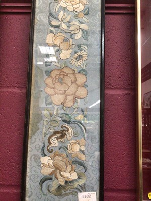 Lot 2011 - Framed Chinese silk embroidery, together with two fine silk panels