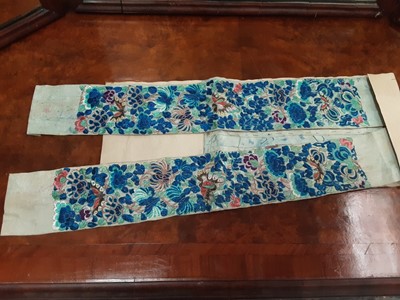 Lot 104 - Framed Chinese silk embroidery, together with two fine silk panels