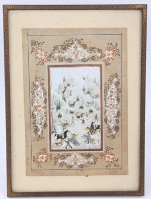 Lot 810 - Fine 19th century Indo-Persian gouache of a polo match with figures and animals beyond in glazed frame 28.5 x 21cm overall