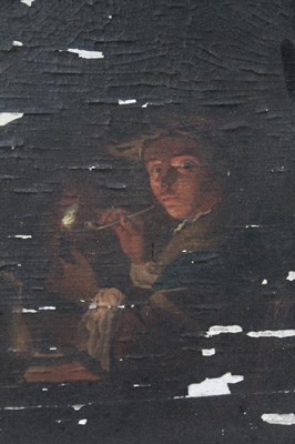Lot 1243 - Studio of G. Schalken oil on panel - lighting a pipe, in ebonised frame