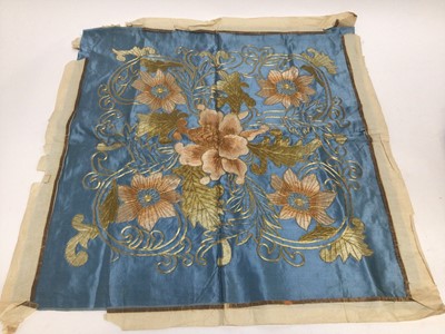 Lot 1917 - Vintage blue silk panel with crouch stitch silk thread embroidered flowers and leaves outlined with crouch stitched metallic thread, 55cm x 60 cm approximately. A large Egyptian appliquéd wall han...