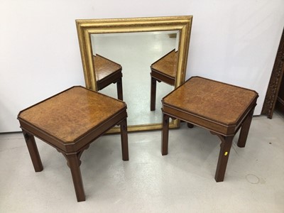Lot 101 - Pair of reproduction burr walnut effect side tables together with a bevelled wall mirror in gilt and painted frame, side table H47, W49cm, mirror H94, W73cm