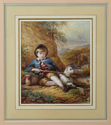 Lot 1227 - Paul Falconer Poole, RA, NWS, (1807-1879) Good 19th century Scottish watercolour depicting young man terrier relaxing next to a river possibly fishing