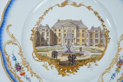 Lot 172 - A Meissen plate from the Stadhouder William V service, circa 1772-74, blue crossed swords and dot mark, the centre painted with a view of 'Het Prinsen Lusthuys het Loo van vooren te zien', titled o...