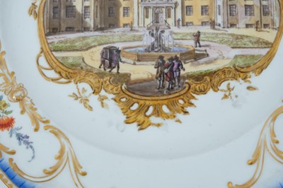 Lot 172 - A Meissen plate from the Stadhouder William V service, circa 1772-74, blue crossed swords and dot mark, the centre painted with a view of 'Het Prinsen Lusthuys het Loo van vooren te zien', titled o...