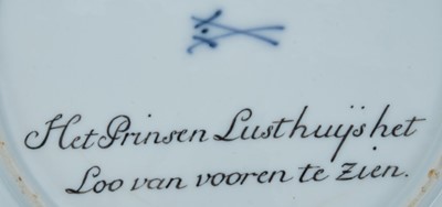 Lot 172 - A Meissen plate from the Stadhouder William V service, circa 1772-74, blue crossed swords and dot mark, the centre painted with a view of 'Het Prinsen Lusthuys het Loo van vooren te zien', titled o...