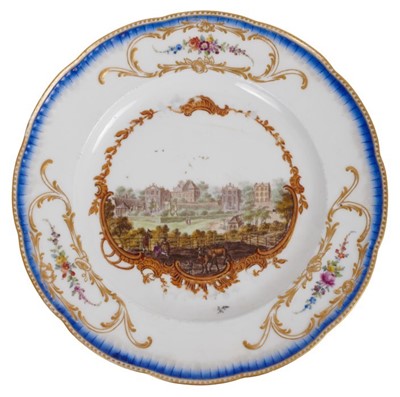 Lot 176 - A Meissen plate from the Stadhouder William V service, circa 1772-74, blue crossed swords and dot mark, the centre painted with a view of 'Gezigt van de Theunen en gebouren van Buiten Zorg' inside...