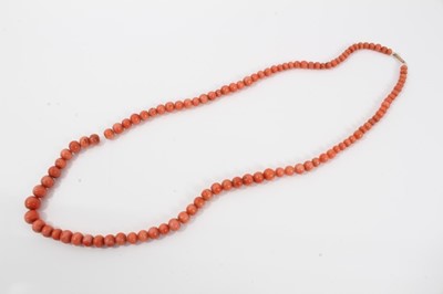 Lot 477 - Antique coral bead necklace with a string of graduated coral beads measuring approximately 8mm to 4.6mm, on a barrel clasp. Length approximately 58cm