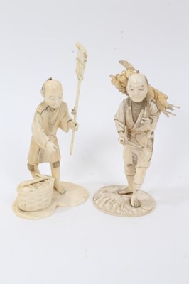 Lot 755 - Japanese Meiji period carved ivory okimono of a woodcutter, together with another depicting a man with a broom