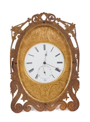 Lot 602 - Good quality Victorian strutt clock with white enamel dial and subsidiary seconds , blued steel hands, pocket watch movement in ornate ormolu case with pierced and engraved floral scroll decoration...