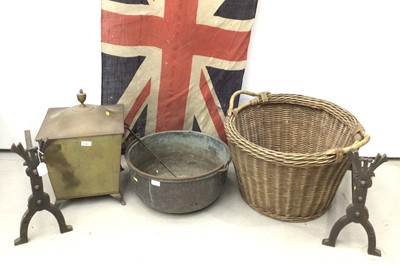 Lot 144 - Large copper bowl, wicker log basket, brass...