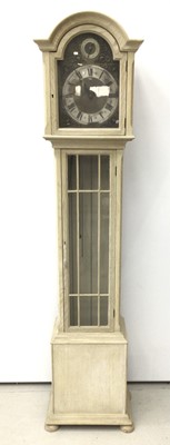 Lot 147 - Limed oak Grandfarther clock with pendulum and weights H188, W44, D28cm