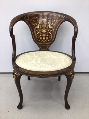 Lot 148 - Edwardian inlaid elbow chair with cabriole legs on pad feet, H78, W55, D56cm