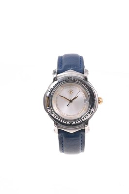 Lot 555 - René Boivin Solstice wristwatch, model number N157, reference A125, the deep recessed dial with date aperture, minute track and Roman numeral hour markers, in a stainless steel case with unusual hi...