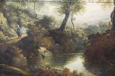 Lot 1158 - James Stark (1794-1859) oil on panel - figure on a track beside a river, 31cm x 26cm, in gilt frame p