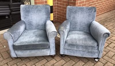 Lot 163 - Pair Edwardian tub chairs upholstered in blue draylon on bun feet