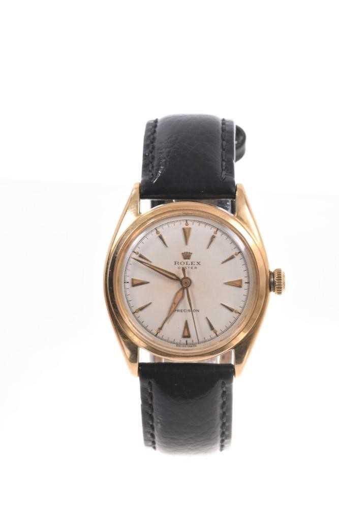 Lot 550 - 1950s gentlemen's Rolex Oyster Precision 18ct gold wristwatch with 17 jewel Patented Superbalance movement, the circular dial with outer seconds track, applied gold 'dagger' hour markers, gold hand...