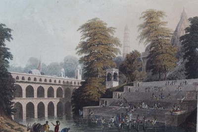Lot 1203 - Robert Melville Grindlay (1786-1877) pair of hand coloured engravings - The Rajah of Cutch and the View of the Bridge near Baroda in Guzerat, 29cm x 38cm, in glazed frames, sold with related paperw...