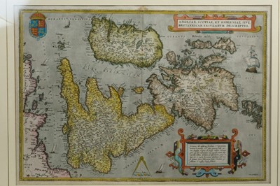 Lot 625 - Abraham Ortelius (1527-1598) - hand coloured engraving- map of The British Isles: 'Angliae, Scotiae, et Hiberniae, Sive Britannicar: Inslarum Descriptio', text verso, not laid down, in a glazed fra...