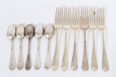 Lot 402 - Set of six George V silver Hanoverian Rat tail pattern dessert spoons, each engraved with letter A, (Sheffield 1936), maker Mappin & Webb, together with five matching teaspoons (London 1924), maker...