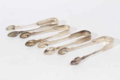 Lot 405 - Pair of Victorian silver fiddle pattern sugar tongs, (Newcastle 1846), maker Thomas Sewell, together with three other pairs of silver sugar tongs (various dates and makers), all at 8oz (4)