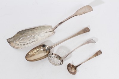 Lot 410 - George III silver fiddle pattern dish slice with pierced and engraved decoration, (London 1811), maker W T, together with a Georgian silver table spoon, sifter ladle and another silver ladle (vario...