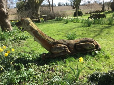 Lot 1875 - Carved wooden sculpture of a dragon, 215cm long x 110cm high