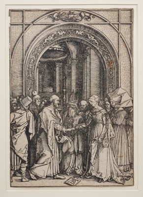 Lot 1169 - Albrecht Durer (1471-1528) woodcut, 'The Marriage of the Virgin' published around 1504 in glazed frame.The image 29.5 x 20.5cm , overall frame 49.5 x 39.5cm