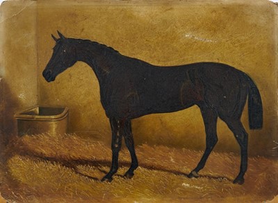 Lot 998 - Mid 19th century English School oil on board - 'Ellington' a dark bay racehorse in a stable, initialled within the trough J.F. and named, 30cm x 40cm, attached verso are a collection of newspaper c...
