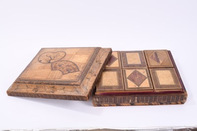Lot 693 - Meiji period Japanese nest of straw work boxes, domed rectangular cover inlaid with fans, enclosing interior of six lidded boxes, 33cm long