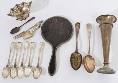 Lot 431 - George V silver and tortoiseshell hand mirror (Birmingham 1929), maker Adie Brothers, together with silver spill vase and silver flatware items (various dates and makers), 12oz of weighable silver