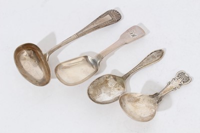 Lot 432 - William IV silver fiddle pattern caddy spoon (London 1831) together with three other silver caddy spoons and ladles (various dates and makers), all at approximately 4oz (4)