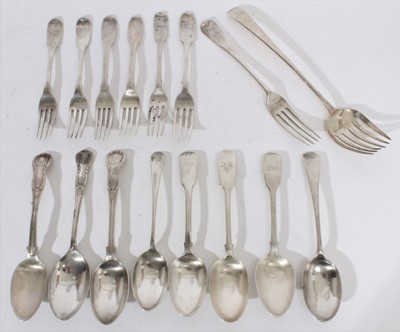 Lot 443 - Victorian silver fiddle pattern desert spoon, (London 1846) together with other Georgian and later silver flatware to include spoons and fiddle pattern forks (various dates and makers) and a silver...