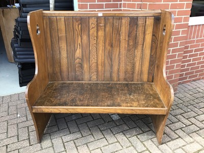 Lot 220 - Old pew with slatted back and pierced sides, 121cm wide, 65.5cm deep, 119cm high