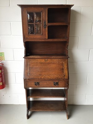 Lot 237 - Edwardian oak bureau bookcase with inlaid decoration, 74cm wide, 38cm deep, 179cm high