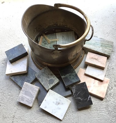 Lot 239 - Selection of marble plinths and specimens, plus a brass coal scuttle