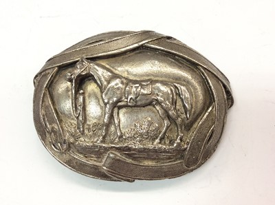 Lot 726 - Silver plated oval belt buckle with horse decoration