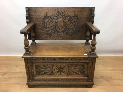 Lot 268 - 1920's carved oak monks bench, 92cm wide, 44cm deep, 80cm high