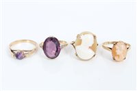 Lot 3410 - Two gold (9ct) amethyst dress rings and two...