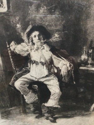 Lot 305 - After Ernest Messonier (1815-1891) signed etching, Cavalier, published 1906, together with a group of three pen and ink scenes, framed as one and two further works
