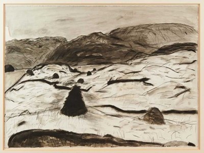 Lot 1195 - *Elizabeth Blackadder charcoal, pen and ink and monochrome washes, Peat Stacks at Loch Collam, Isle of Harris, signed and dated 1973, 58 x 79cm,  
Exhibited: Royal Academy 1975, no 1149