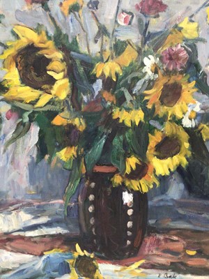 Lot 92 - Janos P. Bak (1913-1981) - oil on canvas - still life of sunflowers and summer flowers in stoneware vase