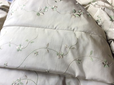 Lot 382 - Four pairs of long length interlined gold curtains with embroidered scrolling flowers