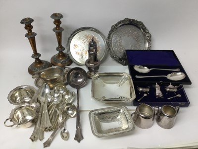 Lot 217 - Group of silver plated wares to include pair of 19th Old Sheffield Plated candlesticks, plated cutlery, plated salvers etc