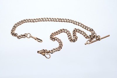 Lot 562 - Edwardian 9ct rose gold watch chain with hollow curb links, 39cm length.