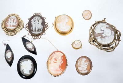 Lot 566 - Collection of antique cameo jewellery to a brooch and matching earrings with carved shell cameos depicting classical females, in jet mounts, together with eight other cameo brooches various.