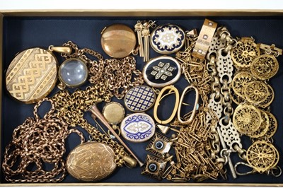 Lot 567 - Collection of Victorian gilt metal jewellery to include seven lockets, guard chains, pair of banded agate and black enamel earrings, antique watch cock necklace, scarf rings etc.