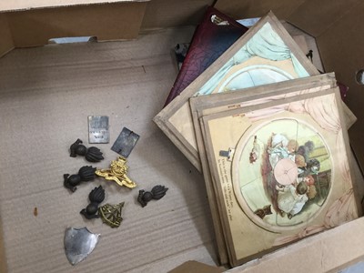 Lot 91 - One box of sundries to include military badges, photograph album and other items