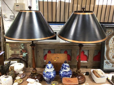 Lot 26 - Pair of large turned wood lamps with toleware style shades